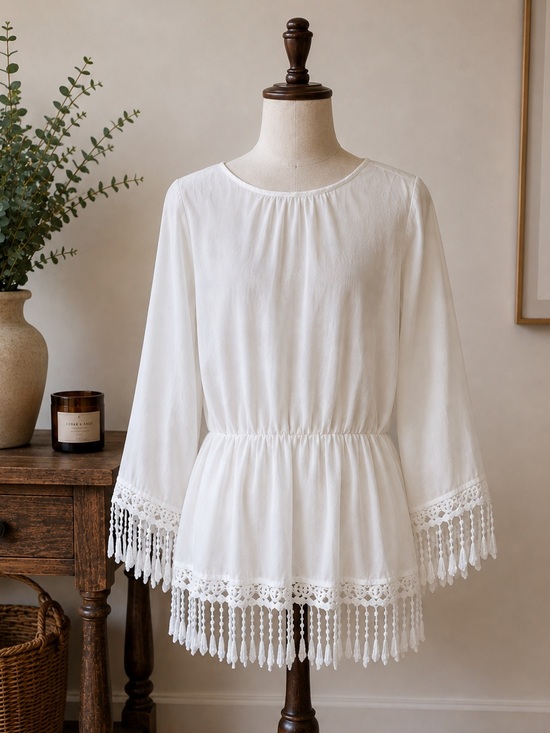 Other - Boho White Crochet Tassel Fringe Mini Dress Beach Cover Up Festival Fits Small